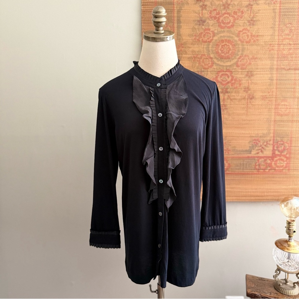 Theory Silk Black Ruffle Yoke Button Down Blouse Medium